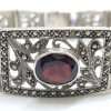 Sterling Silver Marcasite and Garnet Ornate Filigree Wide Bracelet