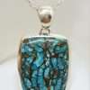 Sterling Silver Large Rectangular Blue Copper Turquoise Pendant on Silver Chain