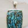 Sterling Silver Large Rectangular Blue Copper Turquoise Pendant on Silver Chain