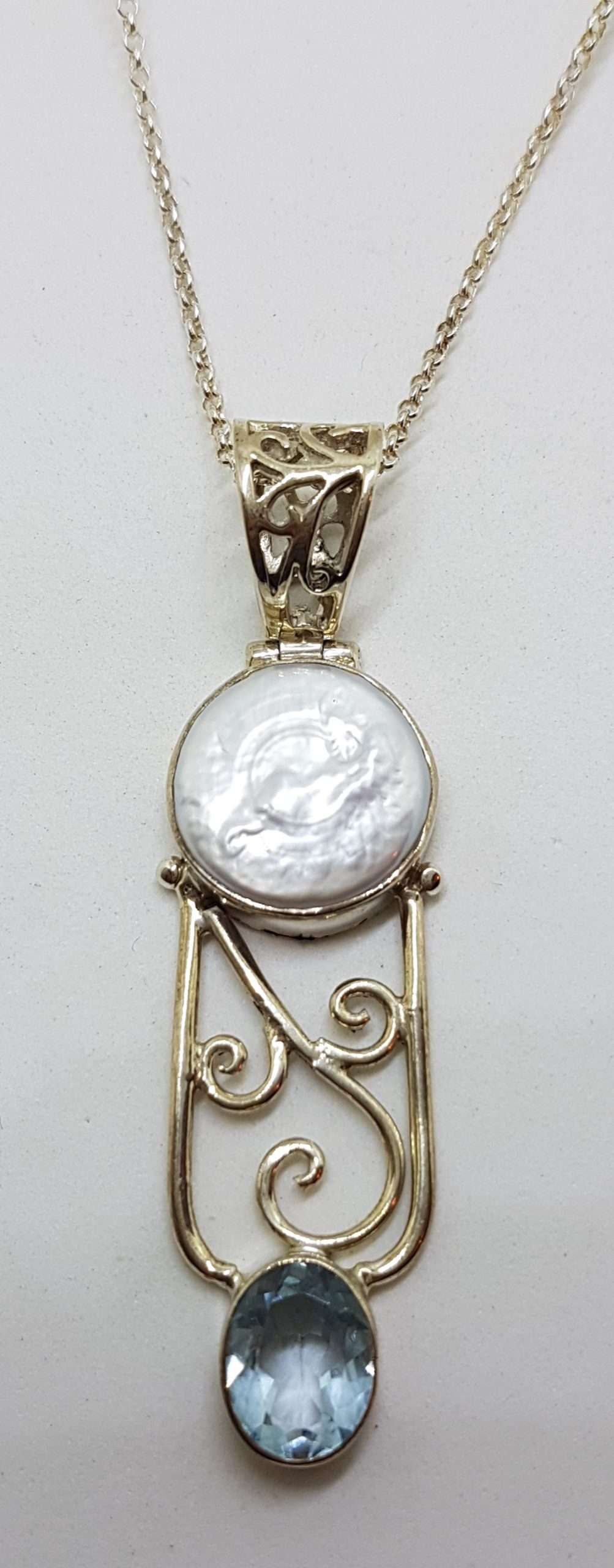 20200917_082201 Sterling Silver Long Ornate Filigree Pearl and Topaz Pendant on Silver Chain
