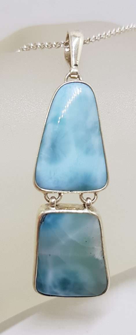 Sterling Silver Long Double Larimar Drop Pendant on Silver Chain