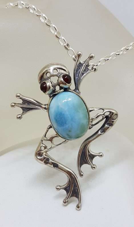Sterling Silver Large Larimar Frog with Amber Eyes Pendant on Silver Chain
