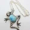 Sterling Silver Large Larimar Frog with Amber Eyes Pendant on Silver Chain