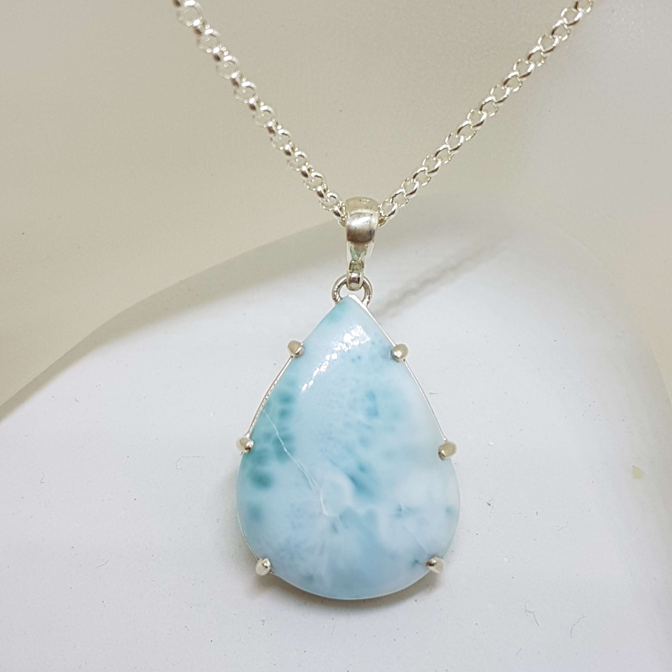Sterling Silver Teardrop / Pear Shape Larimar Pendant on Silver Chain
