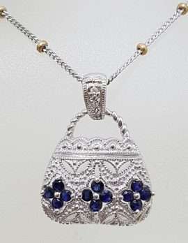 10ct White Gold Ornate Sapphire & Diamond Handbag / Bag Pendant on 9ct Gold Chain