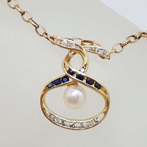 14ct Yellow Gold Sapphire, Diamond & Pearl Twist Design Pendant on 9ct Gold Chain