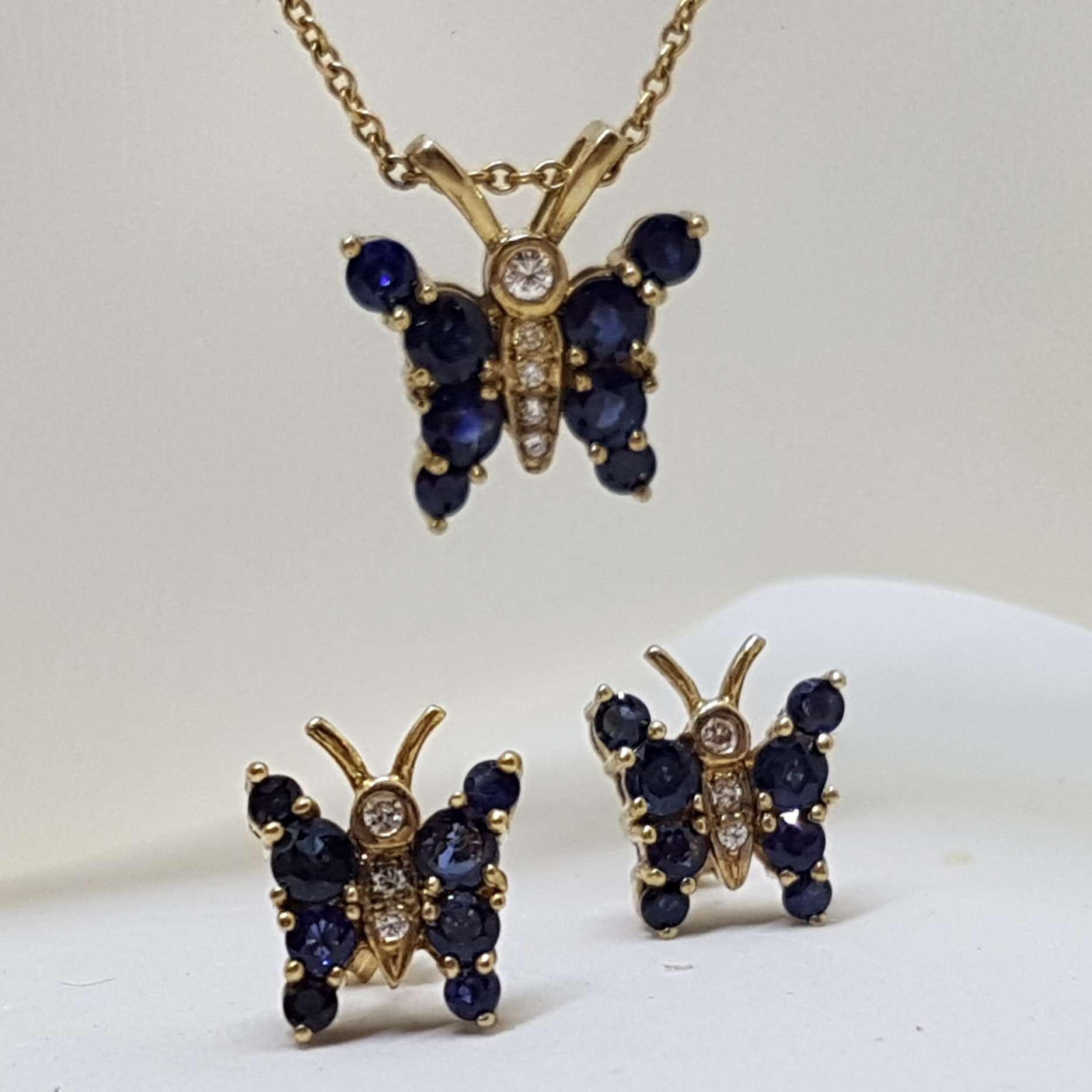 9ct Yellow Gold Sapphire and Diamond Butterfly Pendant on Gold Chain with Matching Earring Set
