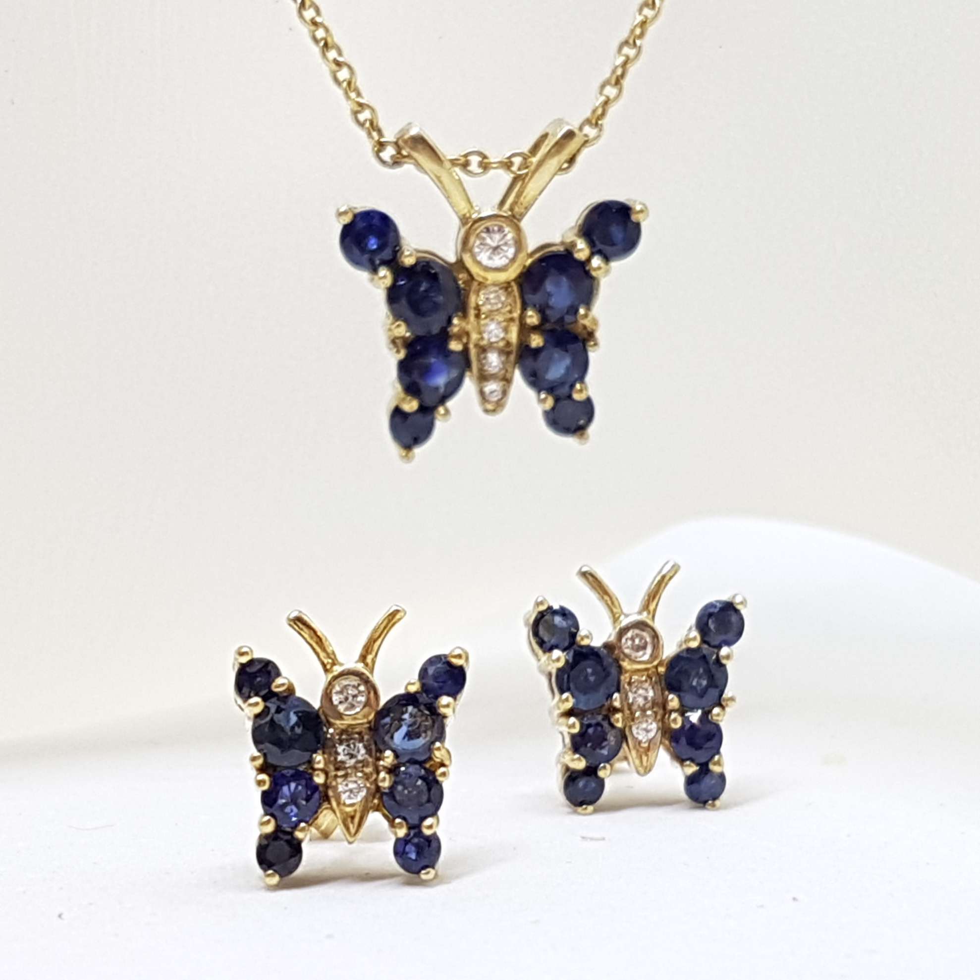9ct Yellow Gold Sapphire and Diamond Butterfly Pendant on Gold Chain with Matching Earring Set