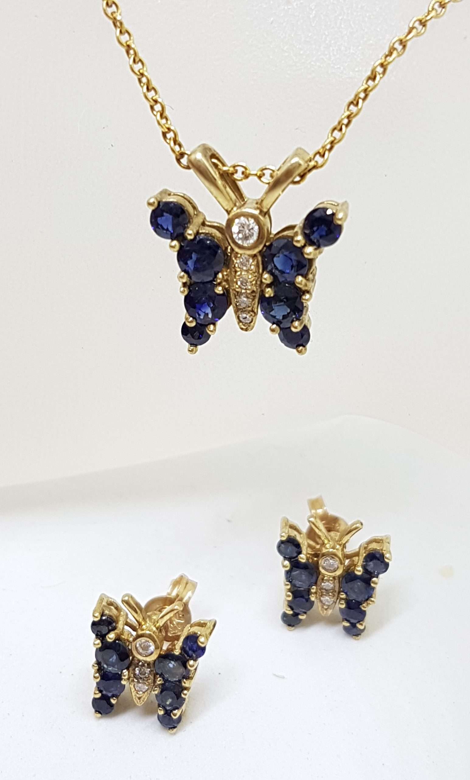 9ct Yellow Gold Sapphire and Diamond Butterfly Pendant on Gold Chain with Matching Earring Set