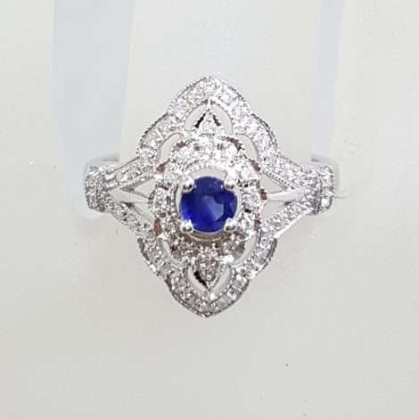 9ct White Gold Diamond and Sapphire Ornate Elongated Ring