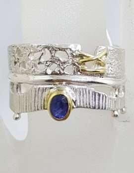 Sterling Silver Sapphire Wide Ornate Band Ring - with Gold Plate