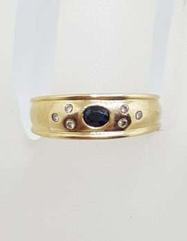 9ct Yellow Gold Oval Natural Blue Sapphire and Diamond Band Ring