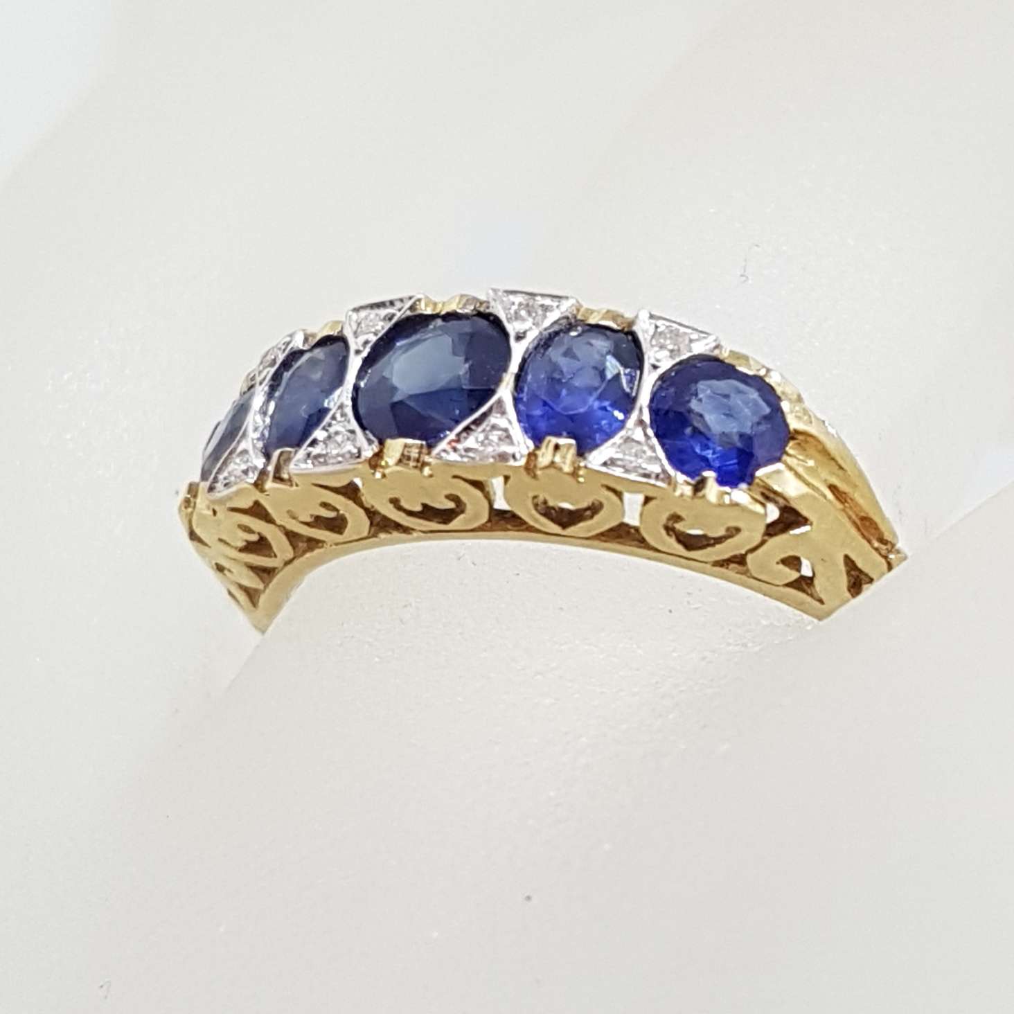 9ct Gold Bridge Set Ring with 5 Blue Sapphires and 8 Diamonds - Filigree Sides