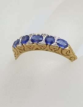 9ct Yellow Gold Bridge Set Ring with 5 Blue Sapphires and 8 Diamonds – Ornate Sides