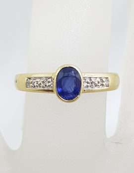 9ct Yellow Gold Oval Natural Blue Sapphire and Diamond Bezel Set Ring