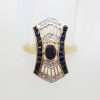 9ct Yellow Gold Natural Sapphire & Diamond Long Ornate Ring - Art Deco Style