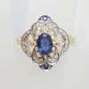 9ct Yellow and White Gold Natural Sapphire with Diamonds Ornate Filigree Ring