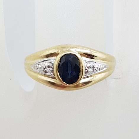 9ct Yellow Gold Oval Natural Blue Sapphire and Diamond Bezel Set Wide Ring