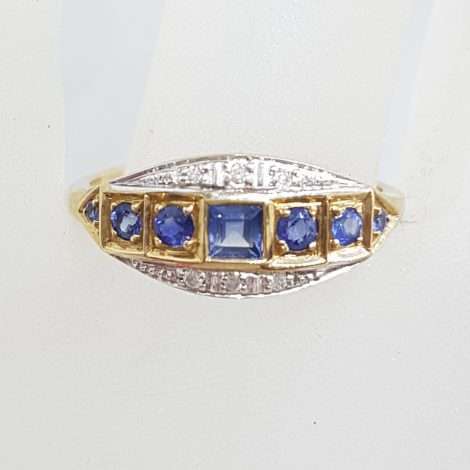 9ct Yellow Gold Ring Square and Round Blue Sapphires & Diamonds - Art Deco Style Bridge Setting