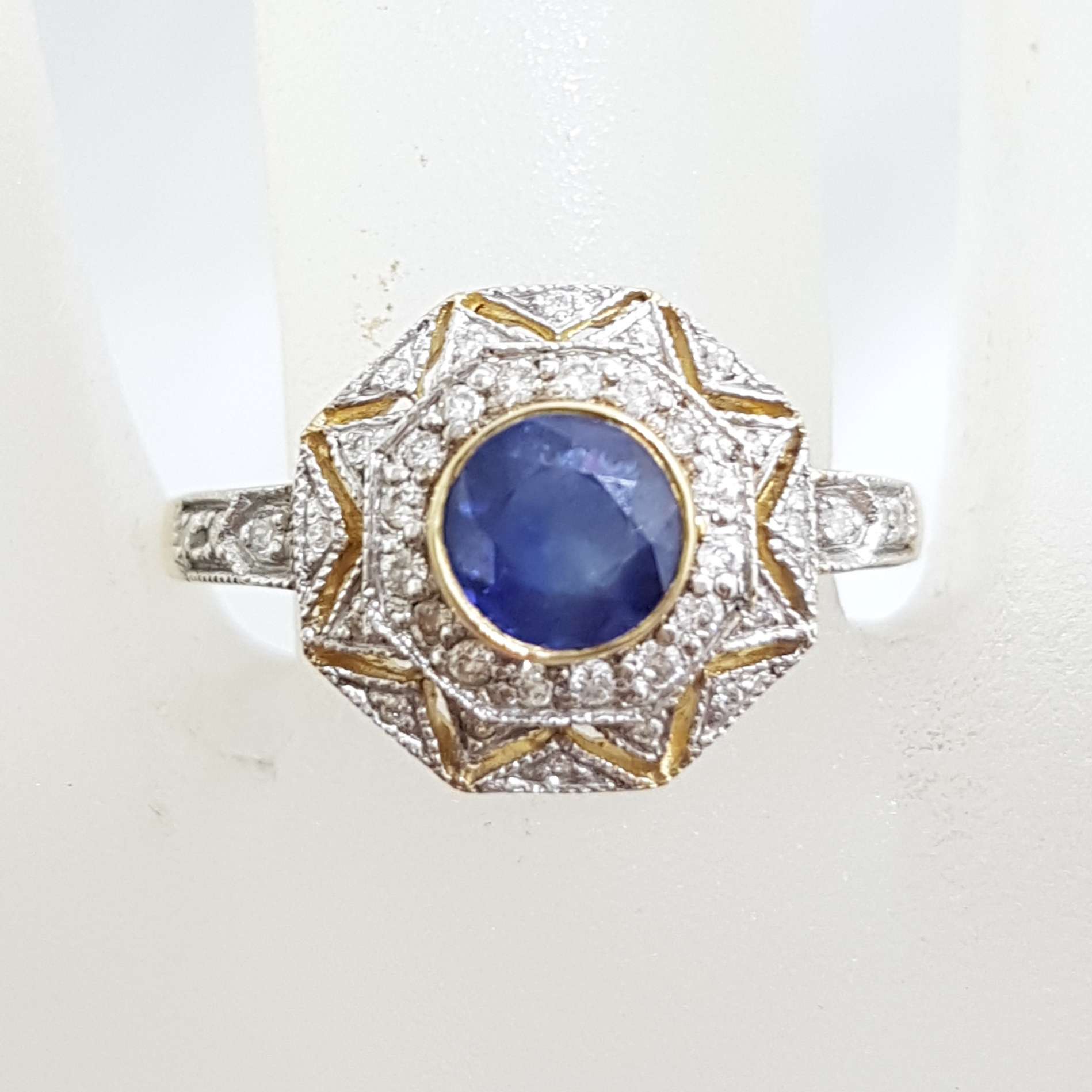 9ct Yellow Gold Natural Sapphire with Diamonds Octagonal Cluster Ring