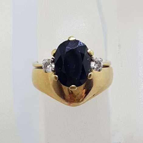 9ct Yellow Gold Oval Natural Blue Sapphire Claw Set with 2 Diamonds Engagement and Wedding Ring Set