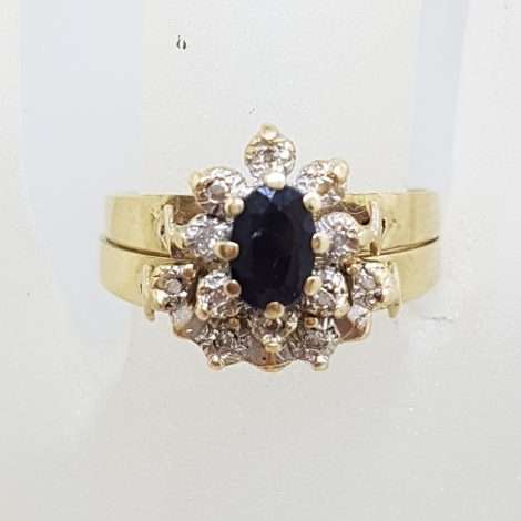 9ct Yellow Gold Sapphire and Diamond Oval Cluster Engagement and Wedding Ring Set