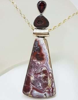 Sterling Silver Very Long Red Crazy Lace Agate, Garnet and Druzy Pendant on Silver Chain