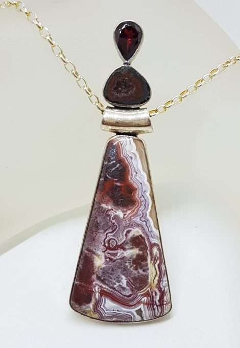 Sterling Silver Very Long Red Crazy Lace Agate, Garnet and Druzy Pendant on Silver Chain