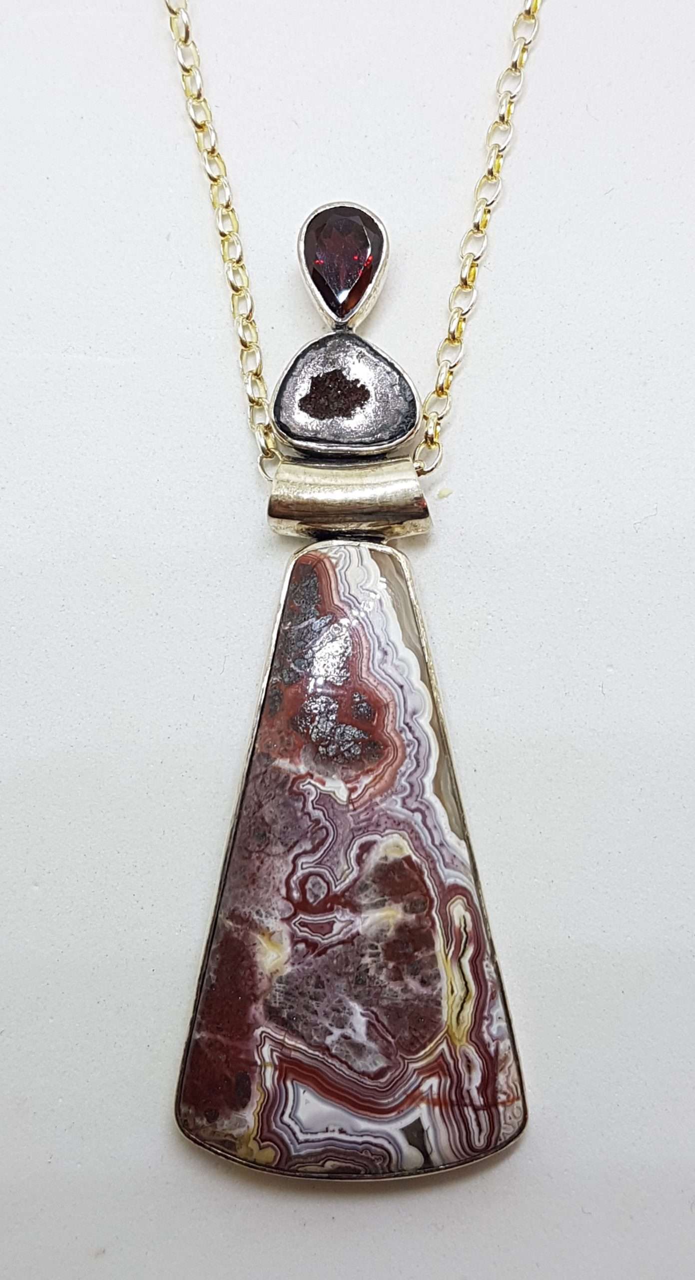 20200920_202903 Sterling Silver Very Long Red Crazy Lace Agate, Garnet and Druzy Pendant on Silver Chain