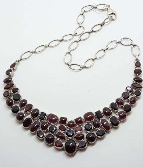 Sterling Silver Large Cabochon and Faceted Garnet Cluster Collier Necklace / Chain