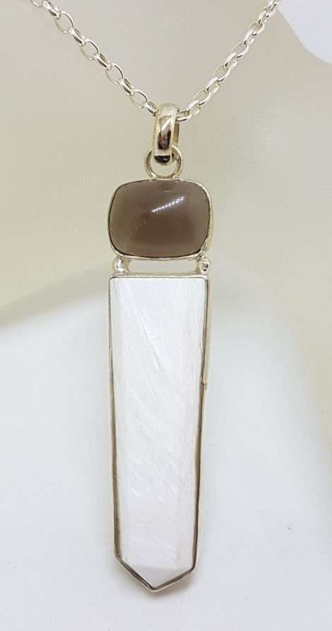 Sterling Silver Long White with Cabochon Cut Smokey Quartz Pendant on Silver Chain