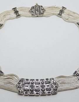 Sterling Silver Wide Multiple Chain with Ornate Design Collier Chain / Necklace - Turkish