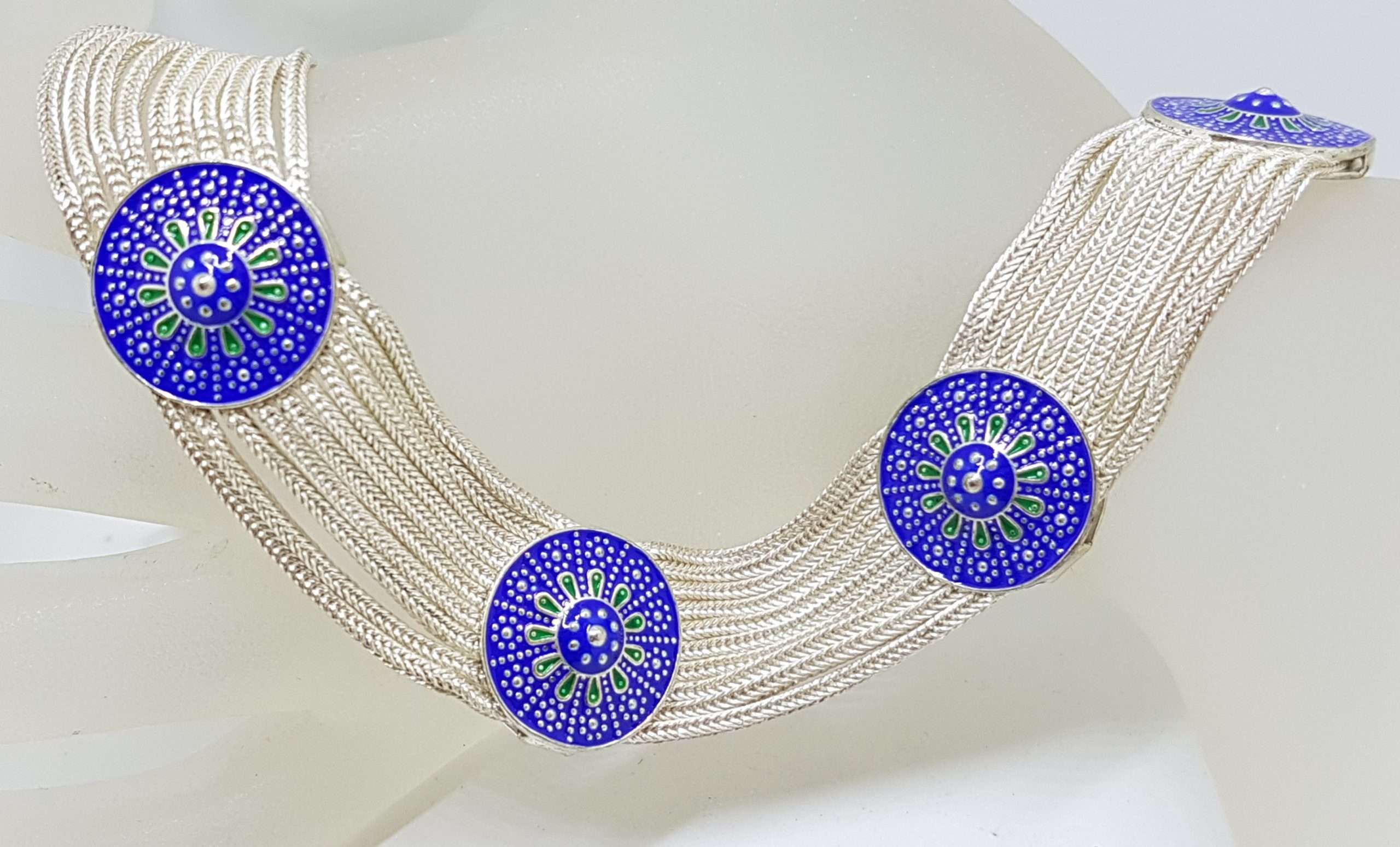 Sterling Silver Wide Multiple Chain with Round Coin Shape Medallions Collier Chain / Necklace - Blue and Green Enamel Ornate Design - Turkish