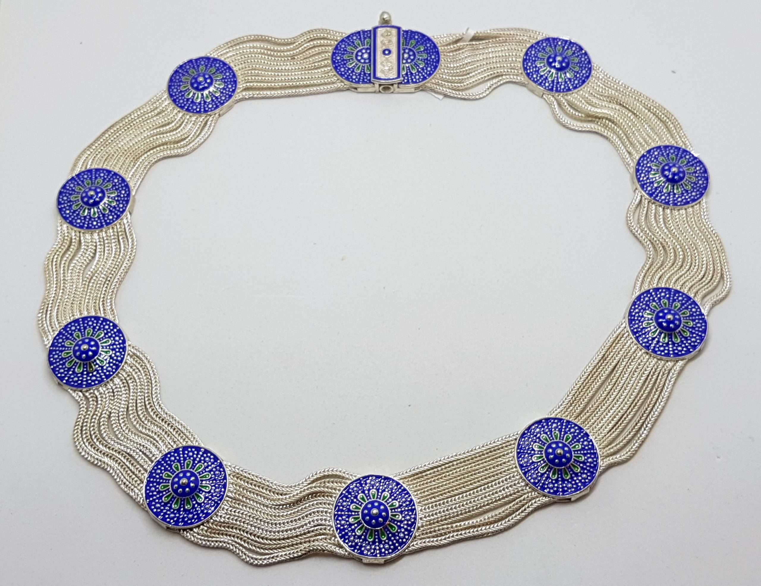 Sterling Silver Wide Multiple Chain with Round Coin Shape Medallions Collier Chain / Necklace - Blue and Green Enamel Ornate Design - Turkish