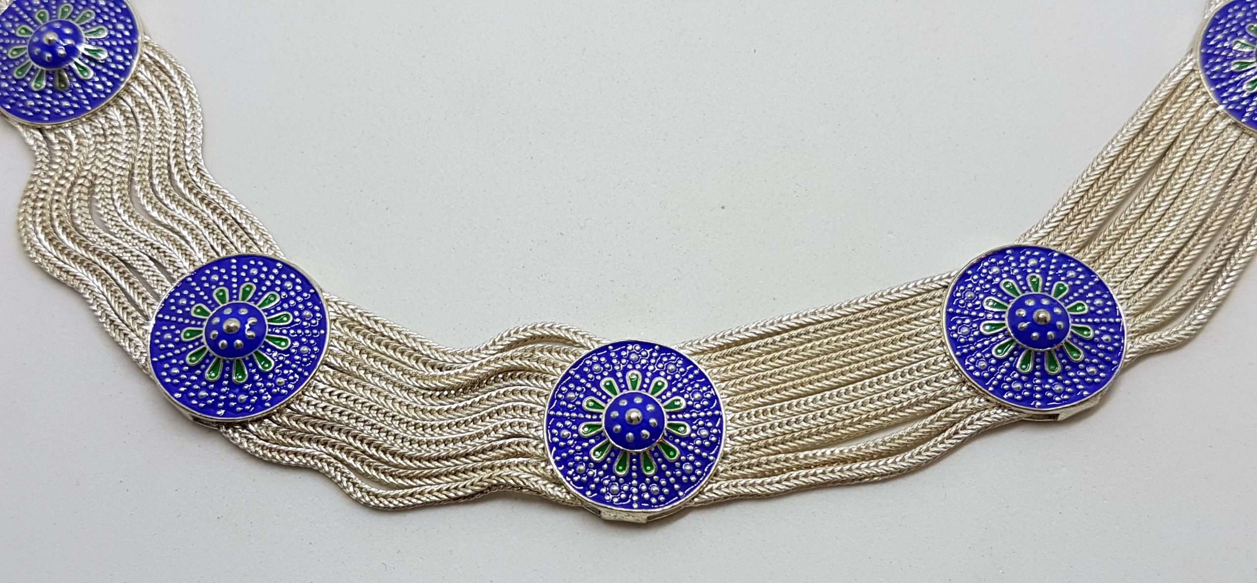 Sterling Silver Wide Multiple Chain with Round Coin Shape Medallions Collier Chain / Necklace - Blue and Green Enamel Ornate Design - Turkish