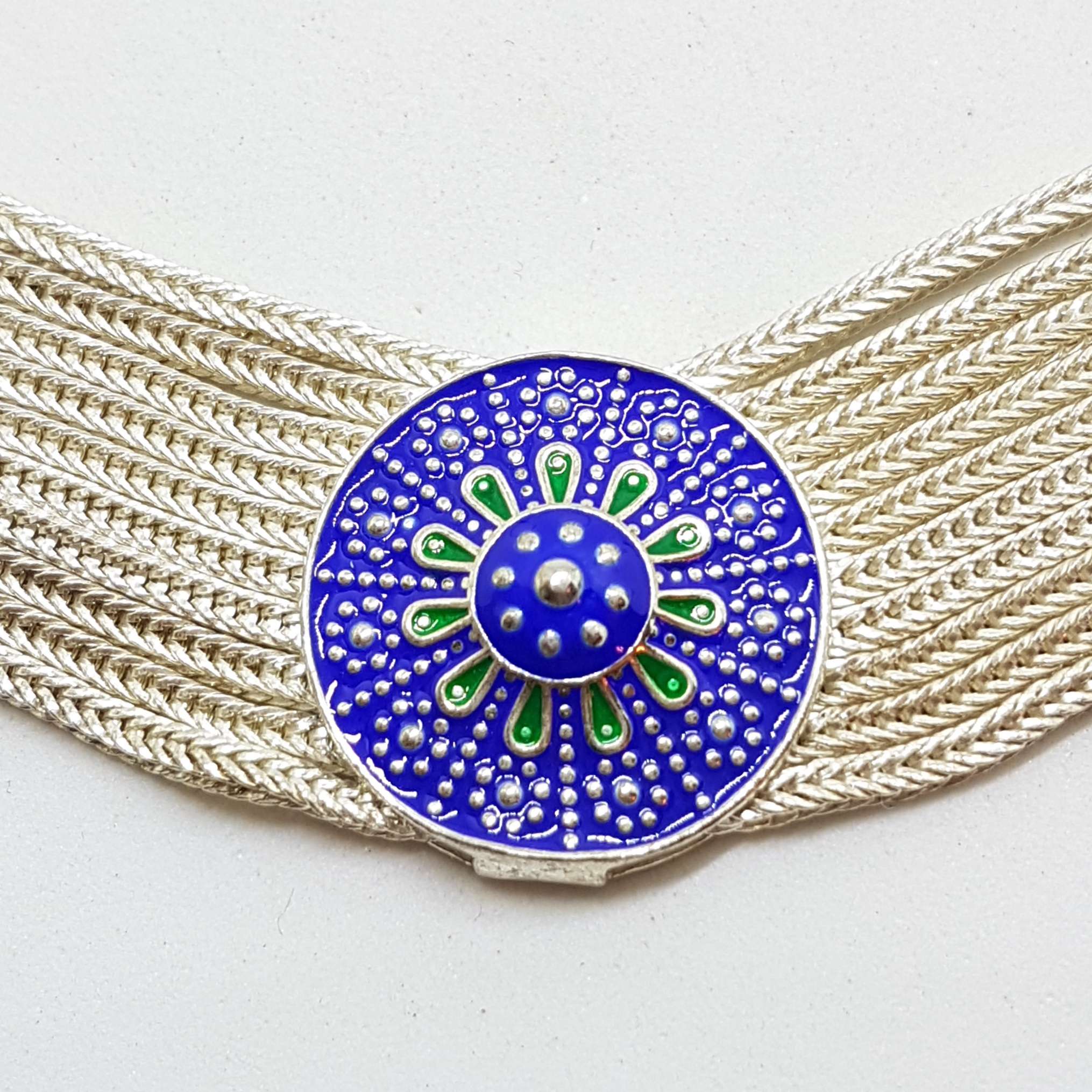 Sterling Silver Wide Multiple Chain with Round Coin Shape Medallions Collier Chain / Necklace - Blue and Green Enamel Ornate Design - Turkish