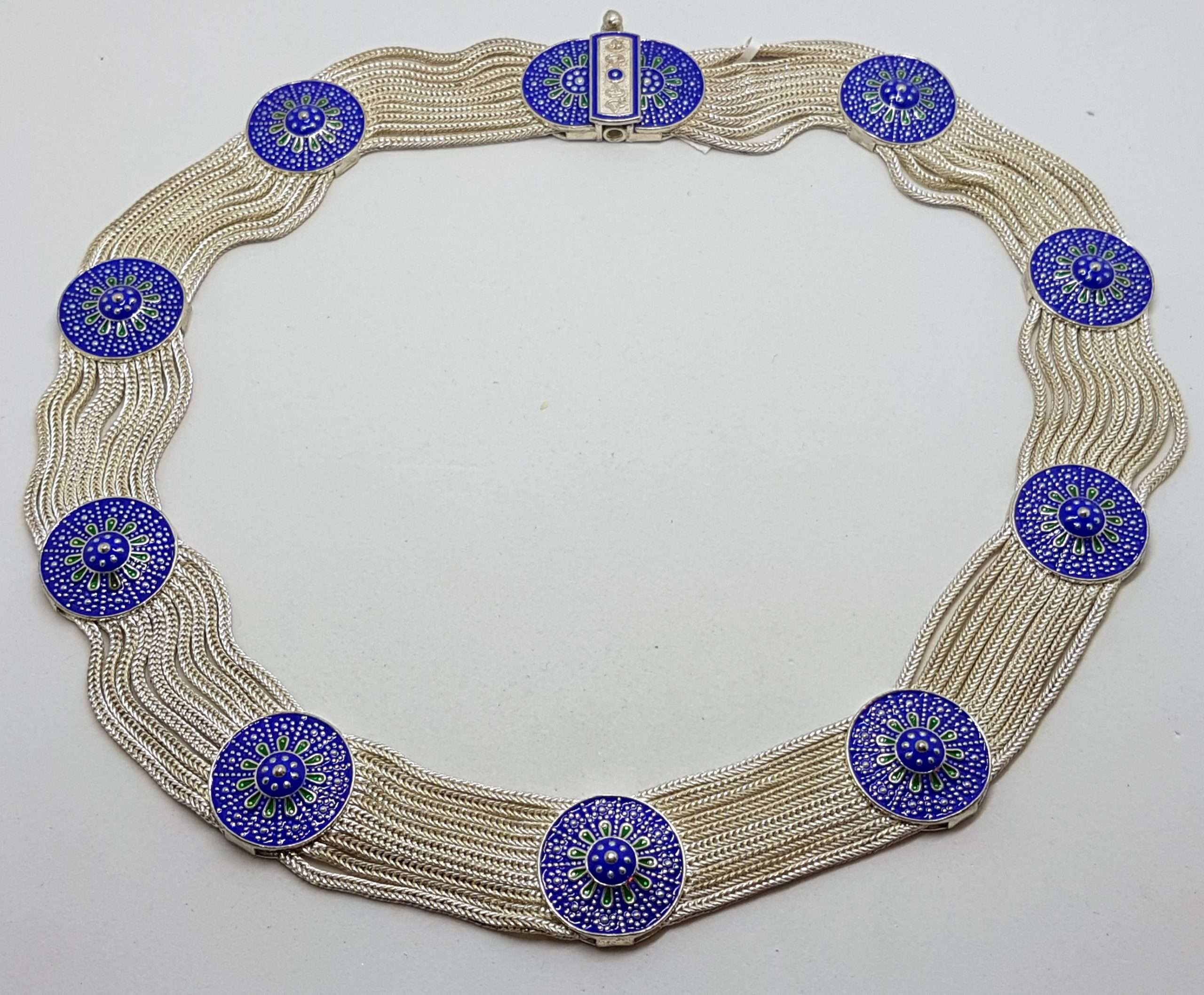 Sterling Silver Wide Multiple Chain with Round Coin Shape Medallions Collier Chain / Necklace - Blue and Green Enamel Ornate Design - Turkish