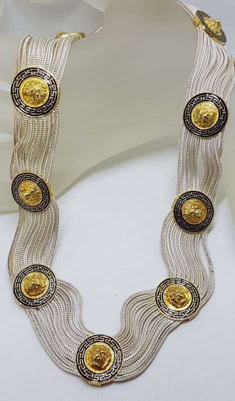 Sterling Silver Wide Multiple Chain with Coin Shape Medallions Necklace - Gold Plated Black Enamel Lion Head Design