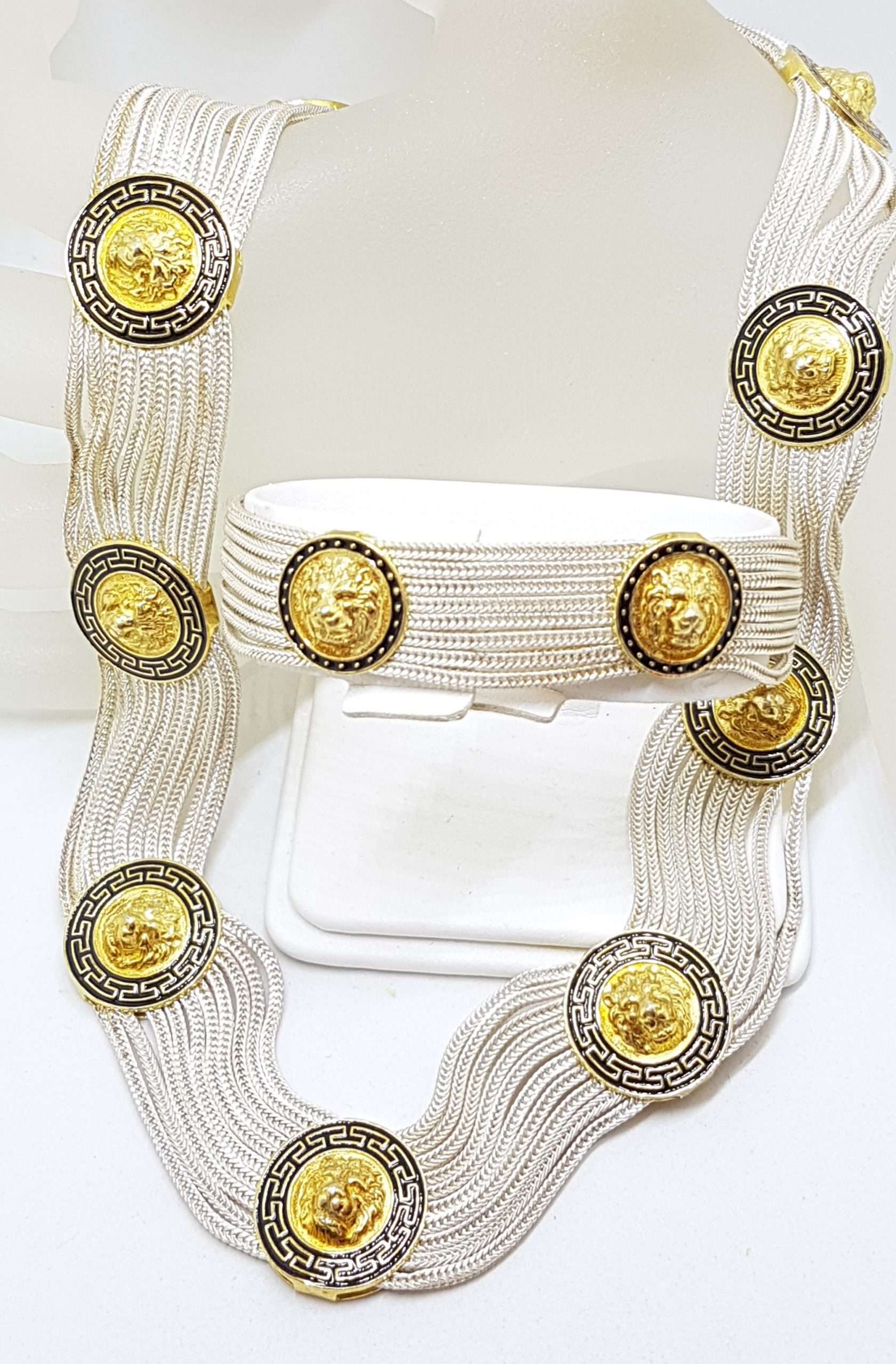 Sterling Silver Wide Multiple Chain with Coin Shape Medallions Necklace - Gold Plated Black Enamel Lion Head Design