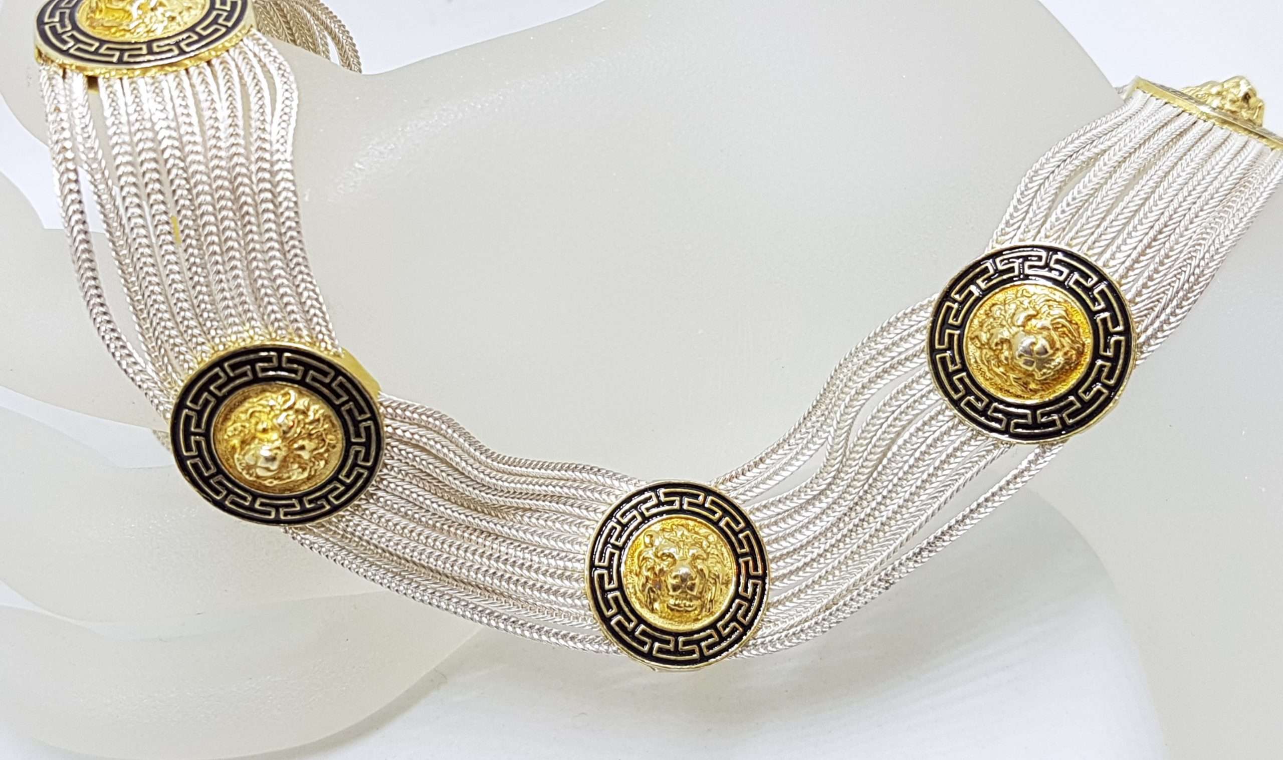 Sterling Silver Wide Multiple Chain with Coin Shape Medallions Necklace - Gold Plated Black Enamel Lion Head Design