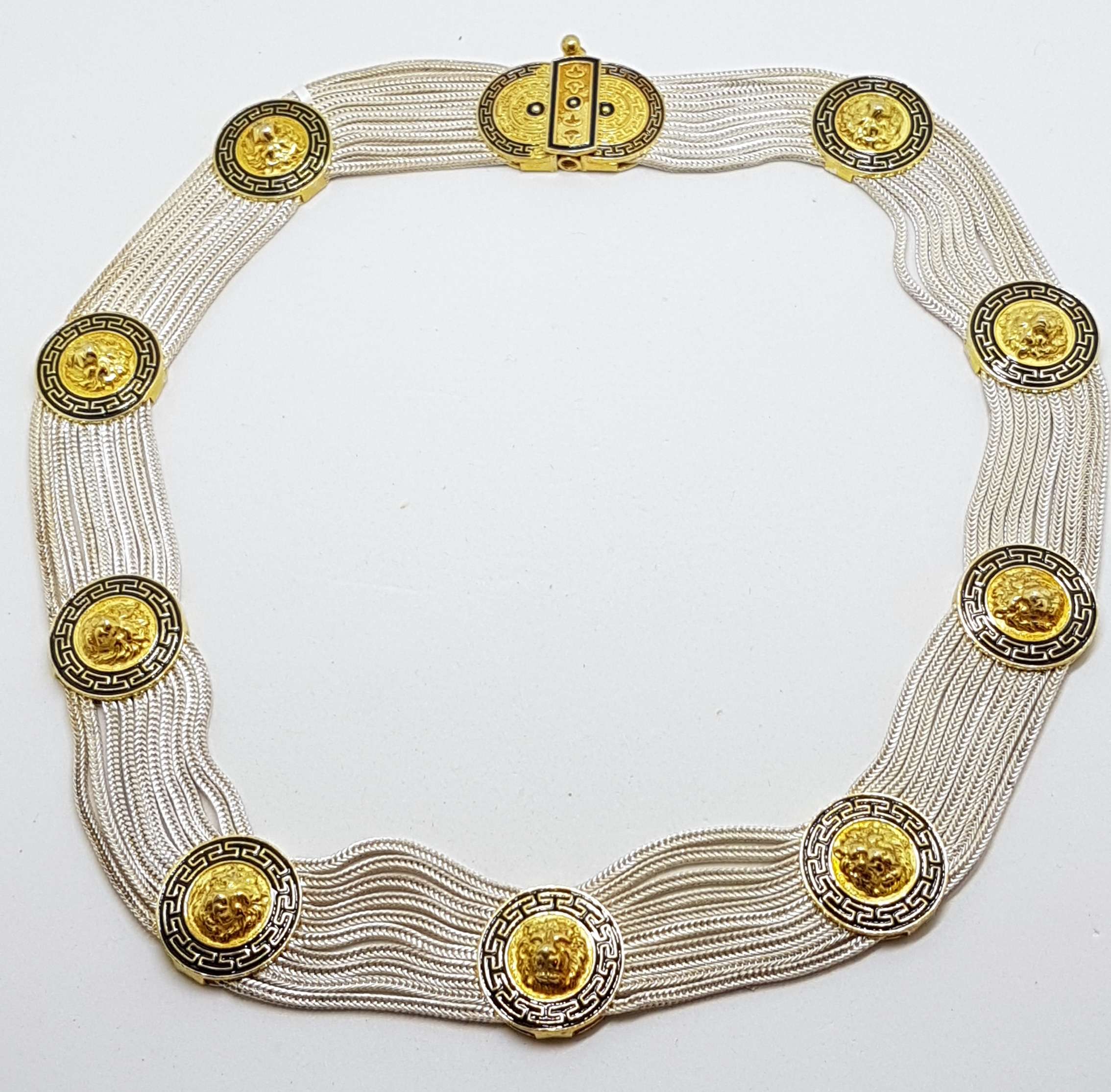 Sterling Silver Wide Multiple Chain with Coin Shape Medallions Necklace - Gold Plated Black Enamel Lion Head Design