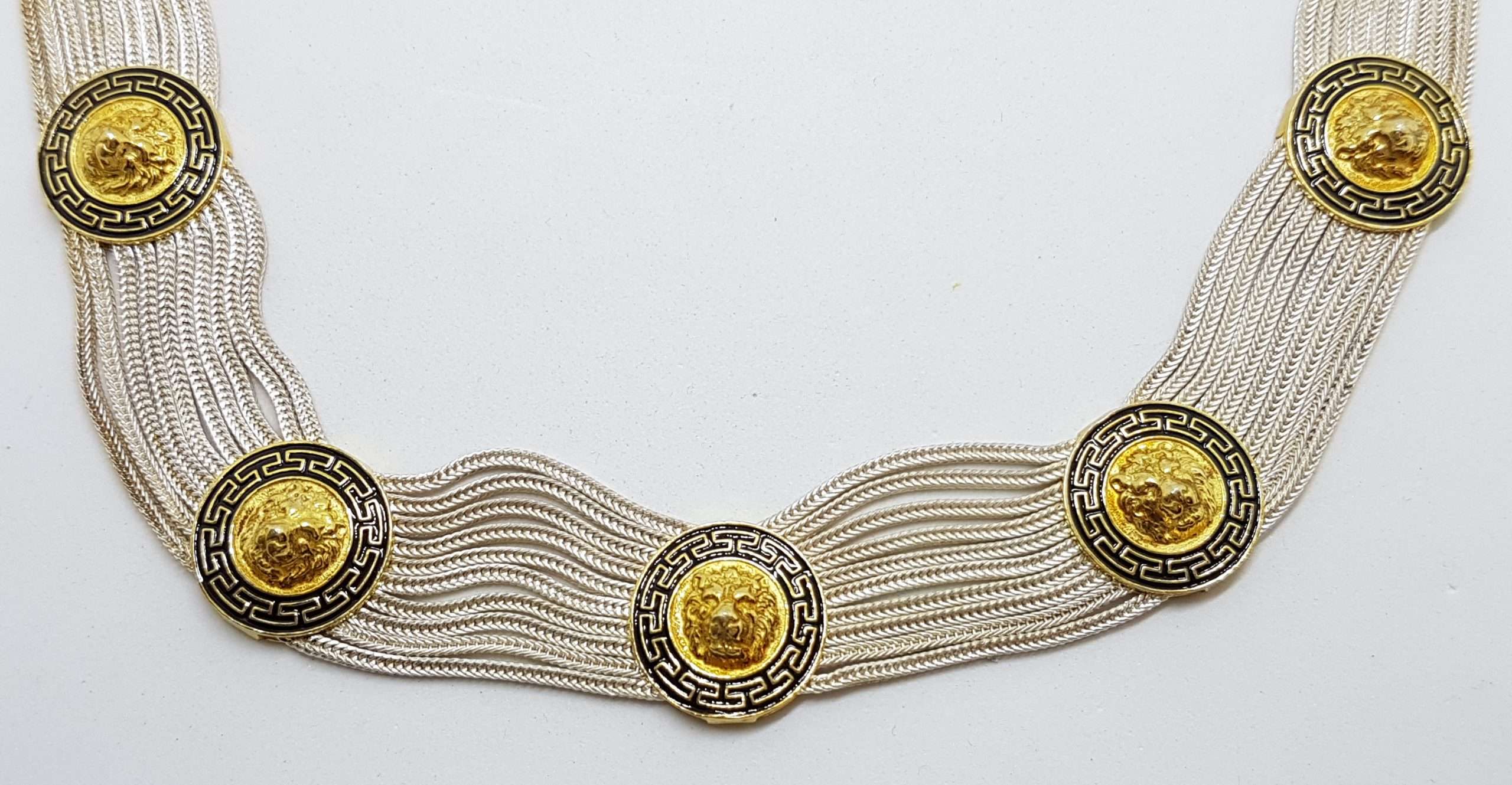 Sterling Silver Wide Multiple Chain with Coin Shape Medallions Necklace - Gold Plated Black Enamel Lion Head Design