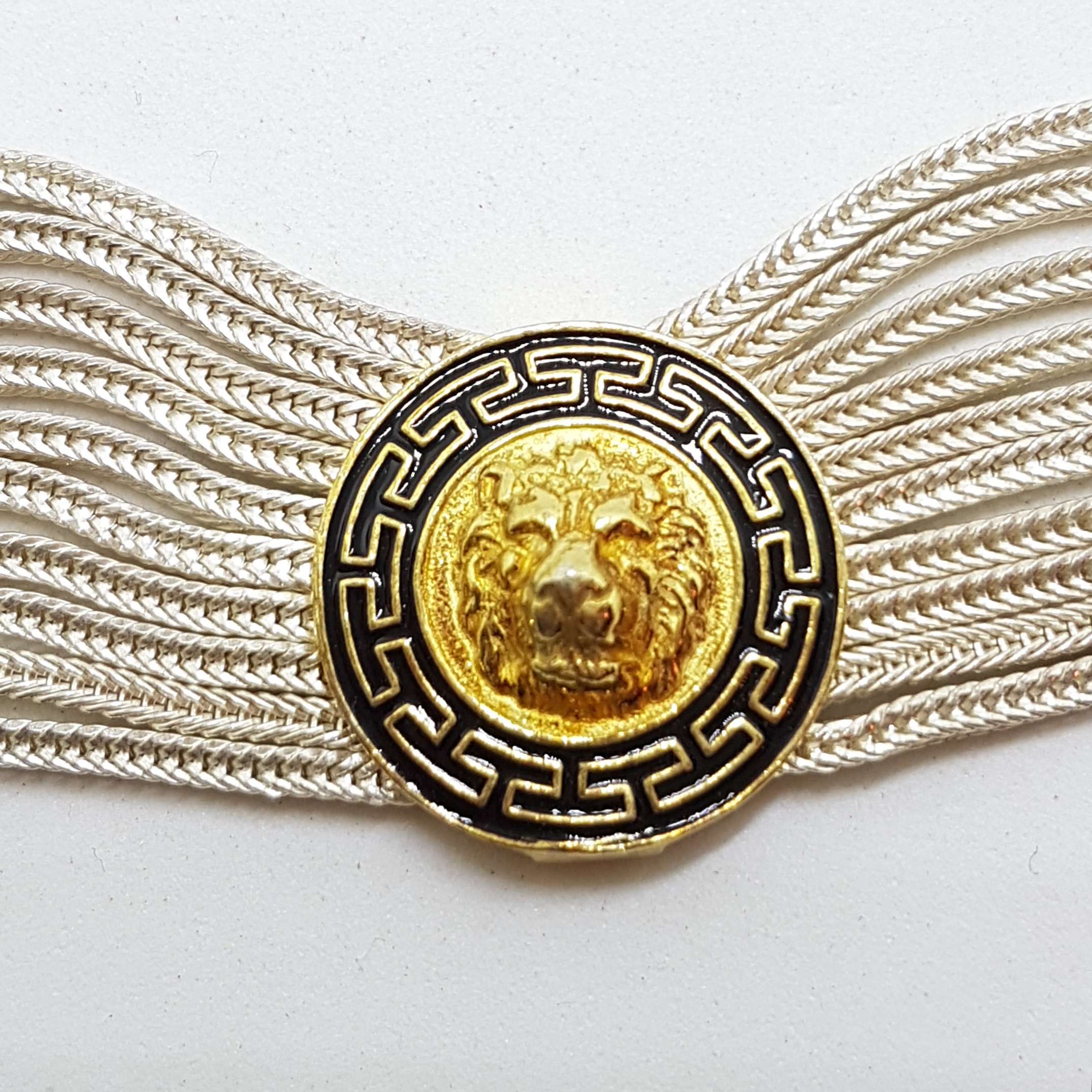 Sterling Silver Wide Multiple Chain with Coin Shape Medallions Necklace - Gold Plated Black Enamel Lion Head Design