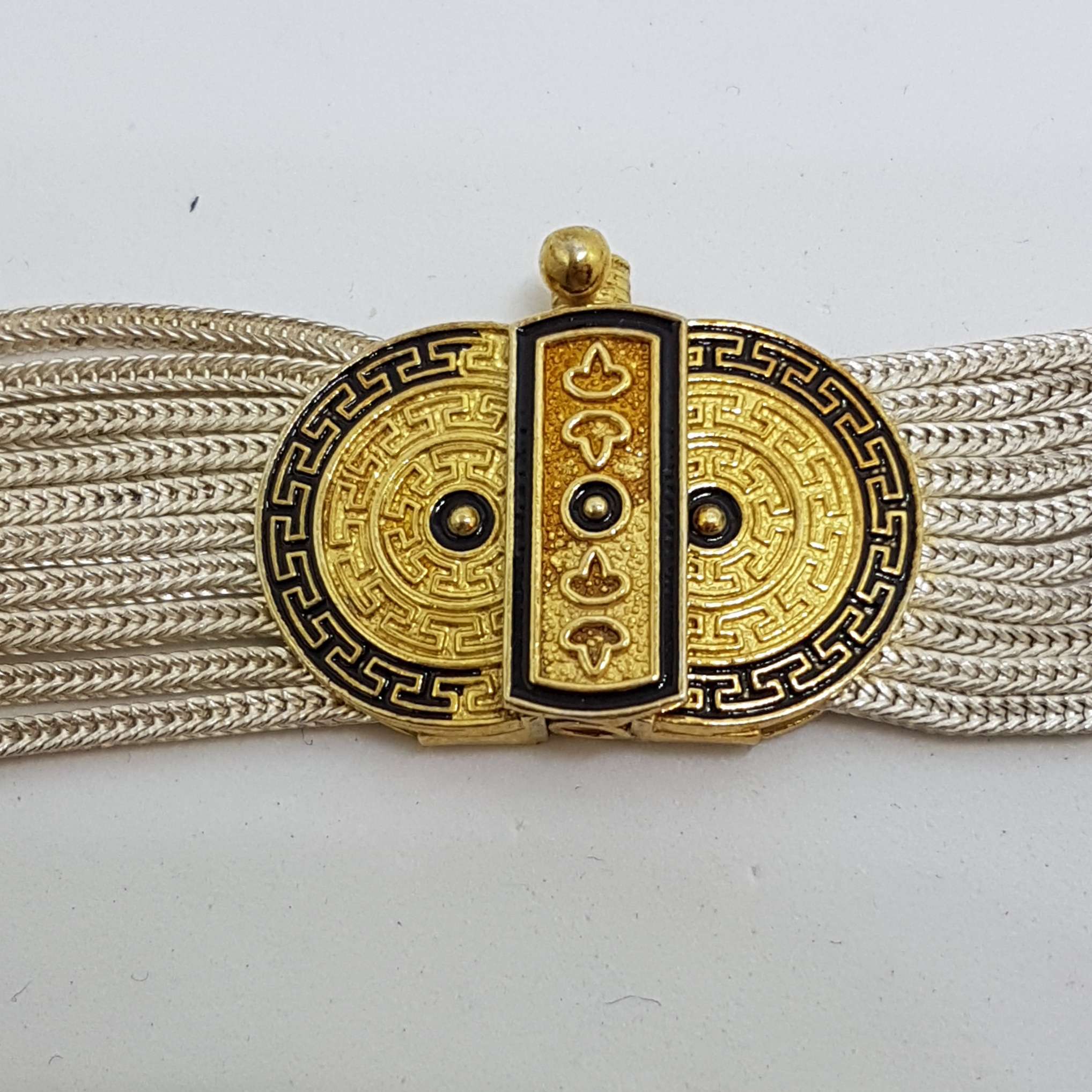 Sterling Silver Wide Multiple Chain with Coin Shape Medallions Necklace - Gold Plated Black Enamel Lion Head Design