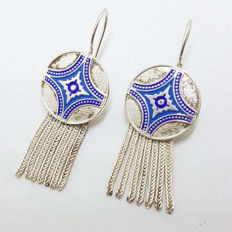 Sterling Silver Wide Multiple Chain with Round Coin Shape Medallions Tassel Earrings - Blue Enamel Ornate Design - Turkish