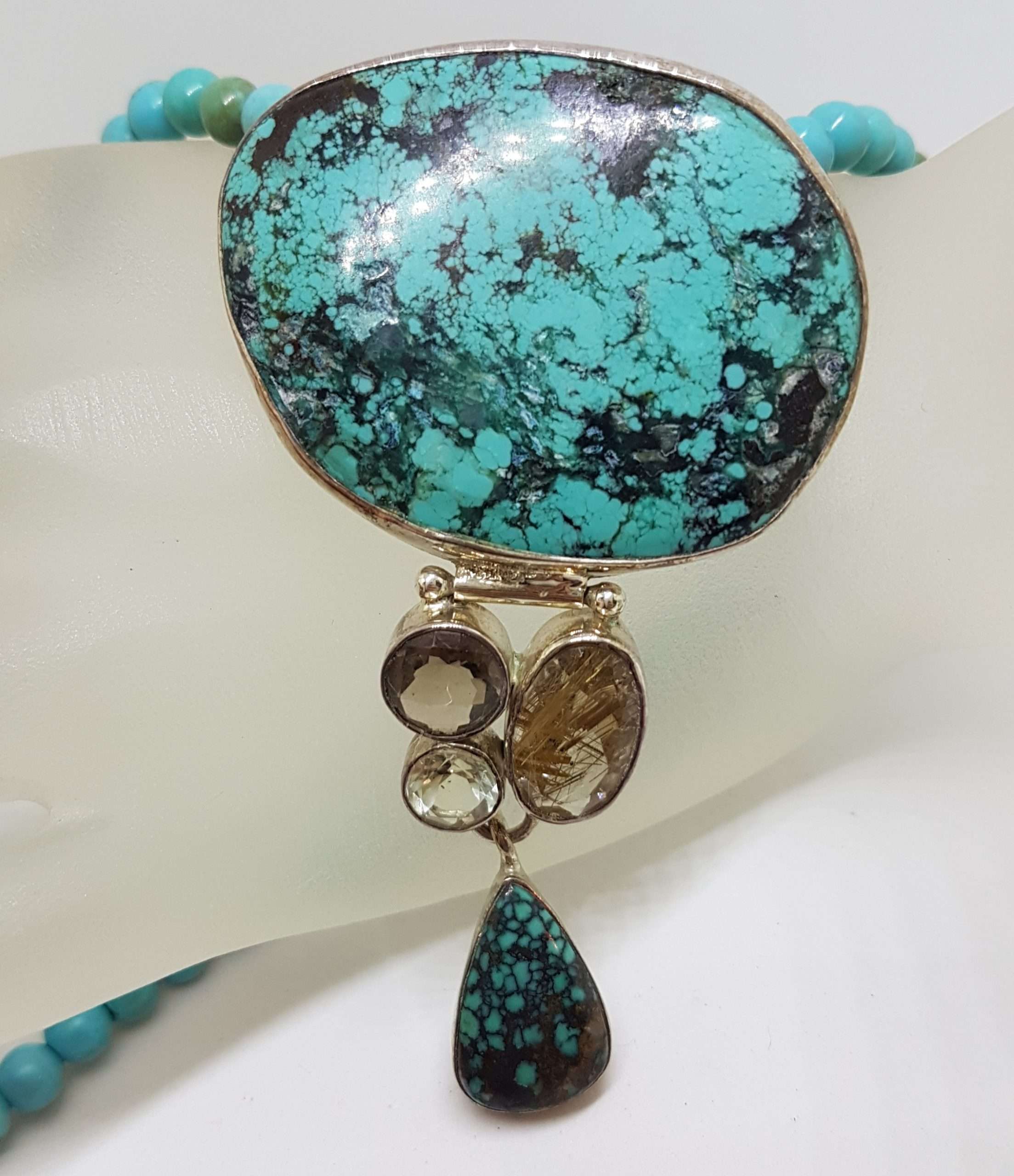 Sterling Silver Large Natural Turquoise with Smokey Quartz, Green Amethyst / Prasiolite and Rutilated Quartz Pendant on Turquoise Bead Chain / Necklace