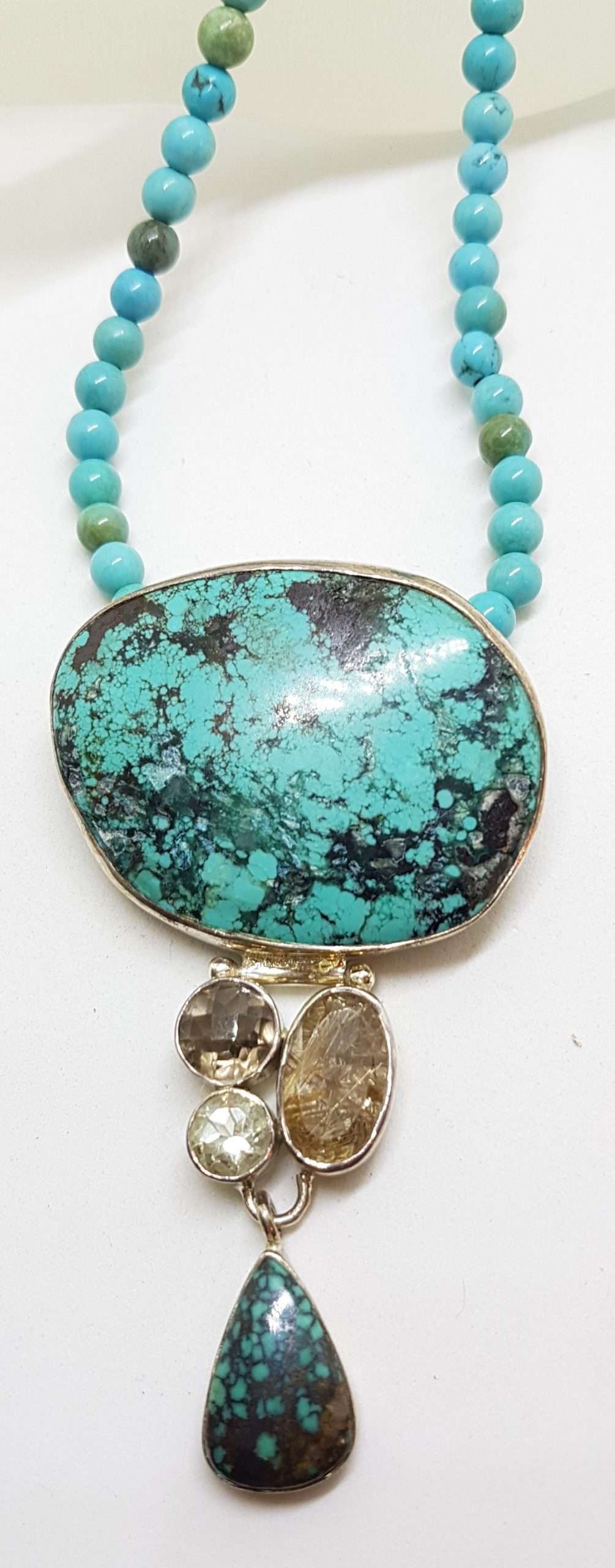Sterling Silver Large Natural Turquoise with Smokey Quartz, Green Amethyst / Prasiolite and Rutilated Quartz Pendant on Turquoise Bead Chain / Necklace