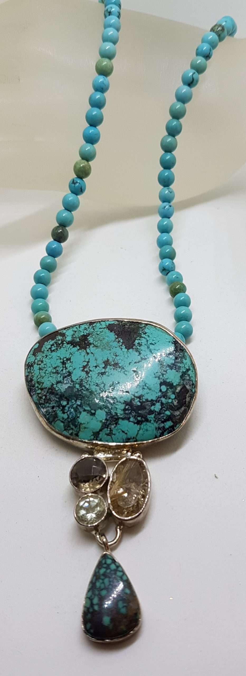 Sterling Silver Large Natural Turquoise with Smokey Quartz, Green Amethyst / Prasiolite and Rutilated Quartz Pendant on Turquoise Bead Chain / Necklace