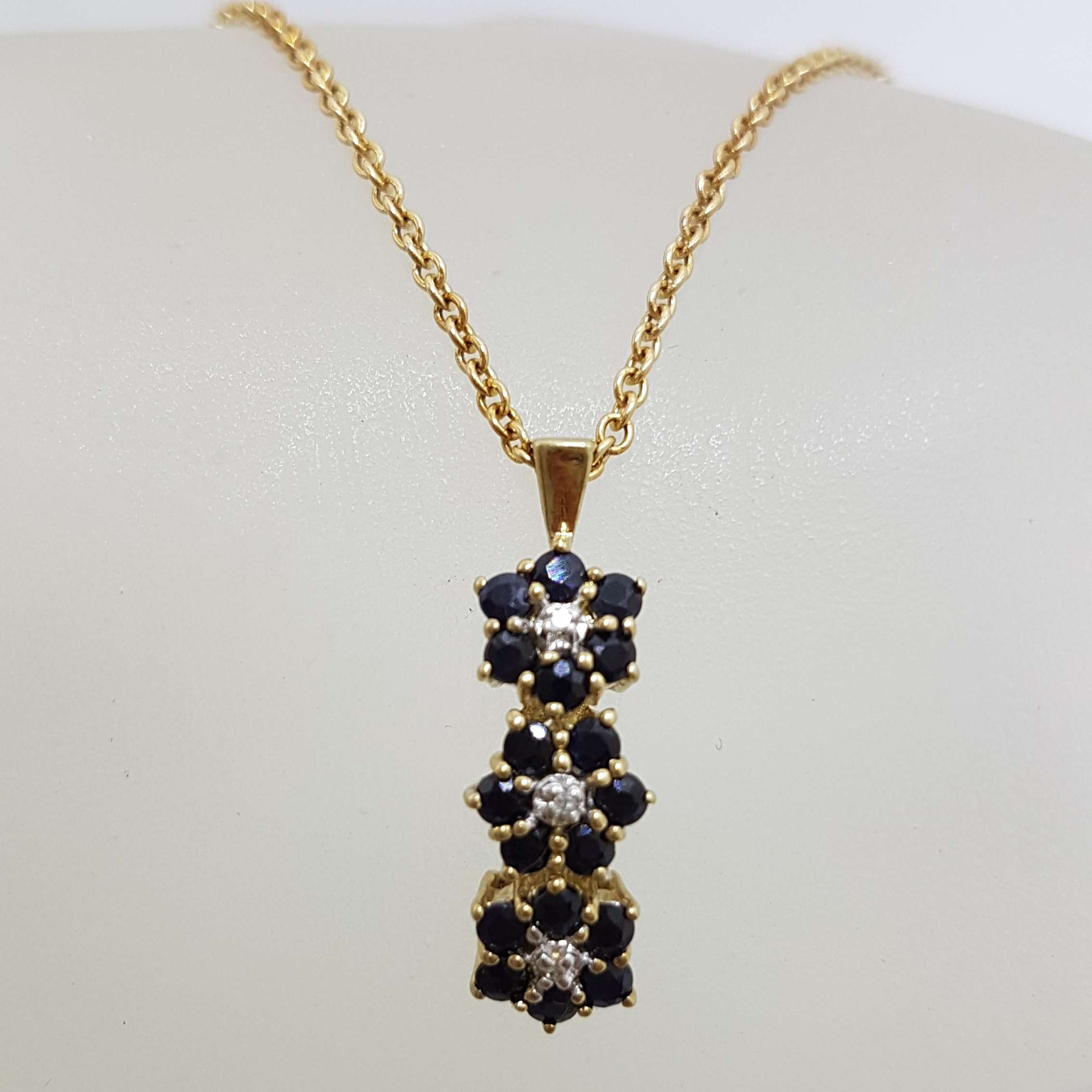 9ct Yellow Gold Sapphire & Diamond Three Daisy Flower Drop Pendant on Gold Chain