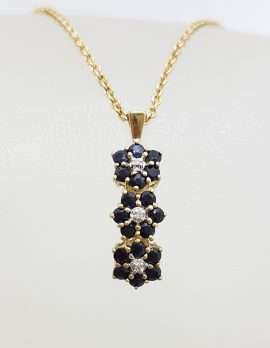 9ct Yellow Gold Sapphire & Diamond Three Daisy Flower Drop Pendant on Gold Chain
